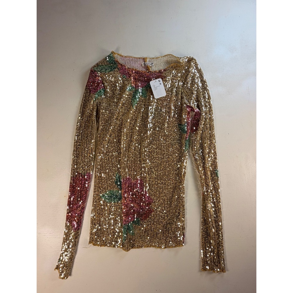Free People Sequin Top Women XS Gold Y2K Floral Long Sleeve Glam OB1812425